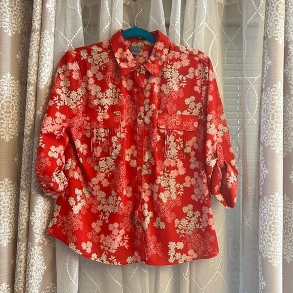 EUC Laura Scott  long roll tab sleeve top large petite - Picture 1 of 5